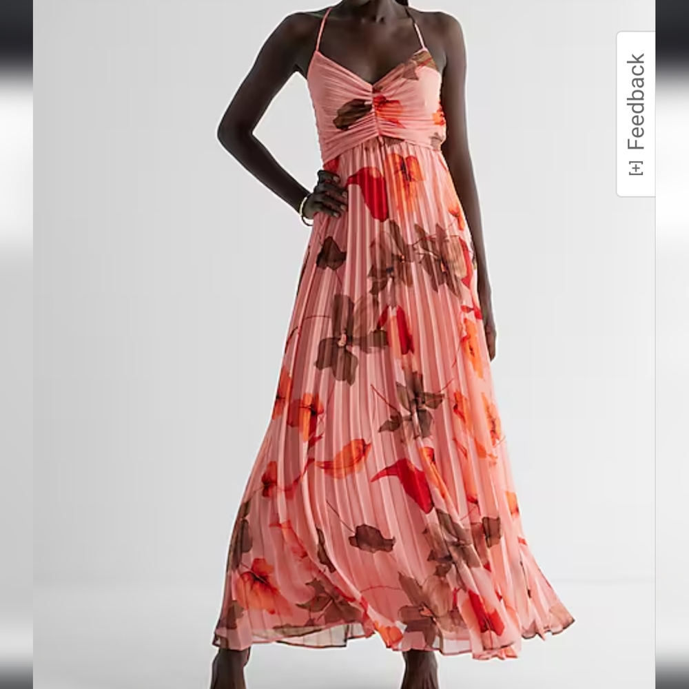 Express floral v-neck, pleated, cross-back, maxi dress